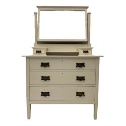 Edwardian white painted dressing chest, fitted with rectangular swing mirror with bevelled plate raised on fluted uprights, two small trinket drawers and shelf above three graduation drawers