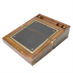 Figured walnut writing slope with brass corner pieces and escutcheon inscribed L E Johnson...