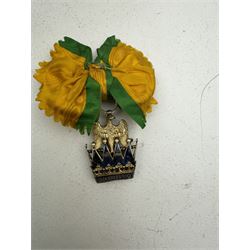 Kingdom of Italy Order of the Iron Crown, replica, the Knight’s breast badge in gilt metal and enamel with crowned bust of Emperor Napoleon facing left to the centre, in fitted case; Auctioneer's Note: The order was created by Napoleon I on June 5, 1805, as the highest order of the Italian kingdom, abolished in 1814.After the transition of most of the Italian kingdom under the rule of the Austrian Empire, the order was restored by the emperor Austrian in 1816.