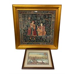 Antique style tapestry, cross-stitch of London, two further embroideries, and two floral box prints of children (6)