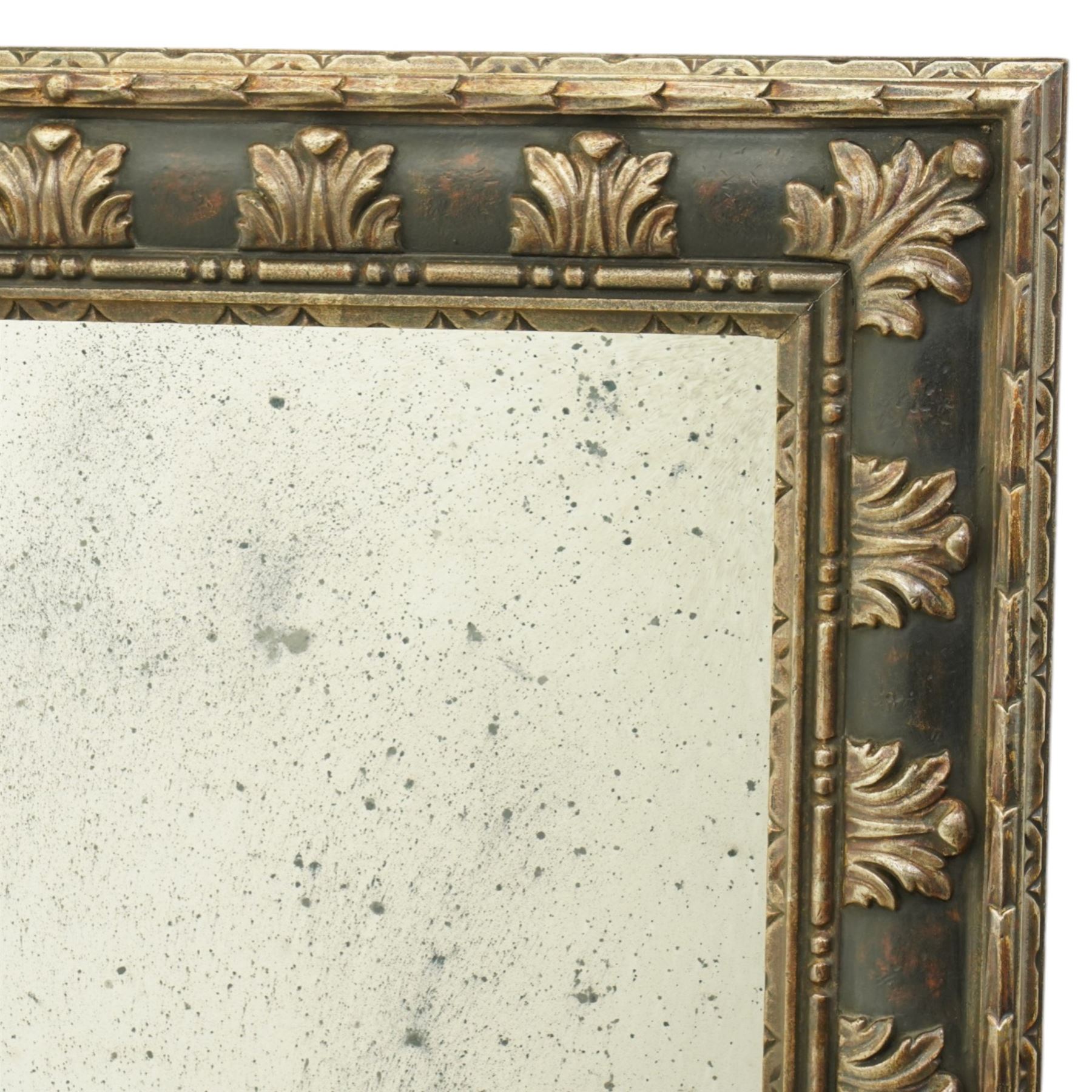Modern neoclassical style wall mirror, rectangular plate with faux foxed and distressed finish, within a moulded frame decorated with repeating acanthus leaf blocks and beaded inner slip