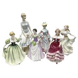 Six Royal Doulton figures, to include Mary Countess Howe no.HN3007, Sweet Sixteen no. HN3648, The Peggy Davies Collection Lily no.HN3902, four with original boxes 