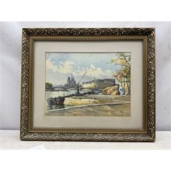 A J Robertson (British 19th Century): 'Holy Trinity - Falaise Normandy', watercolour signed, titled on original label; Walter Schroder (British 19th/20th Century): Church Altar and Interior, watercolour signed; together with a Norman Jackson watercolour and another print max 47cm x 35cm (4)