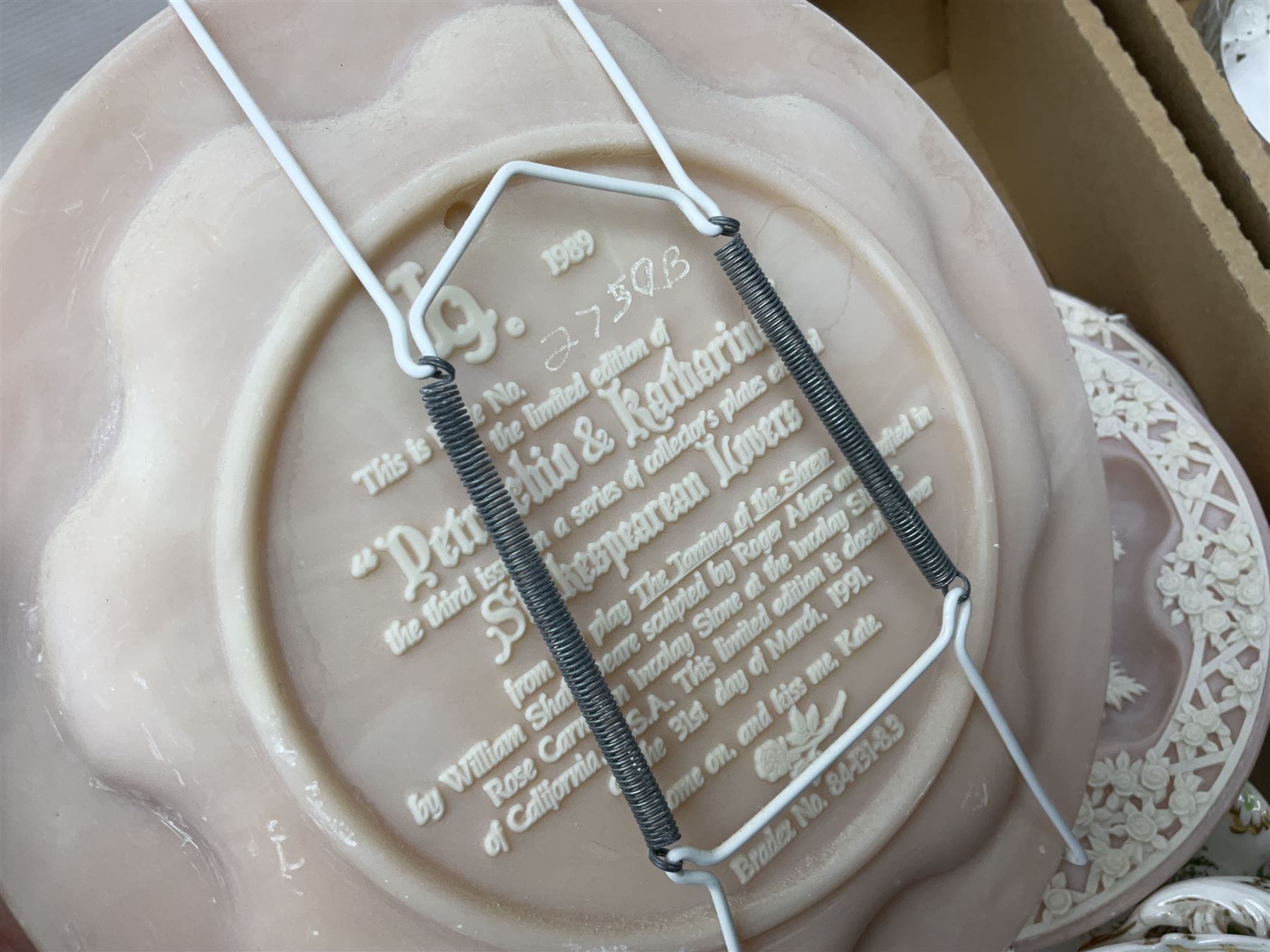 Bradford Exchange 'Shakespearean Lovers' collectors plates, continental figures, Royal Doulton and Dartington Crystal glassware and other ceramics and collectables, in three boxes