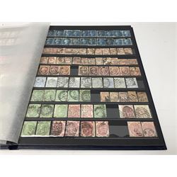 Great British stamps, including Queen Victoria penny black with black MX cancel, various perf penny reds and two pence blues, half penny bantams, various four shillings, various two shillings & sixpence, small number of QV stamps on covers etc, housed in a blue stockbook 