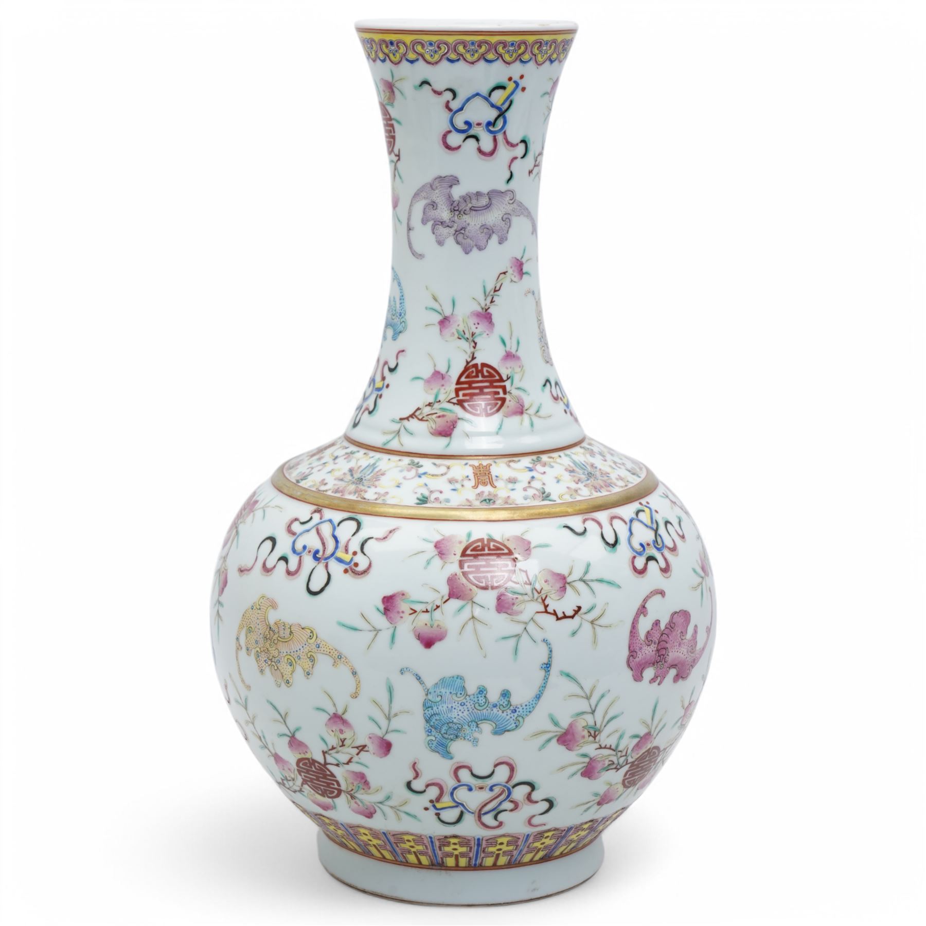 Chinese Qing Dynasty famille rose baluster vase decorated with bats, peaches etc with Tongzhi marks H40cm
