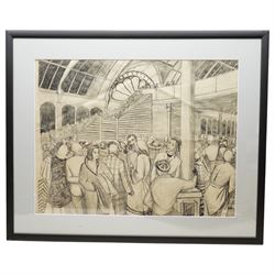 Attrib. Sir Stanley Spencer (British 1891-1959): A Bustling London Train Station, pen and pencil sketch faintly signed, circa late 1920s, 46cm x 60cm
Notes: The composition is filled with Spencer’s characteristic attention to human forms, each figure drawn with individuality and subtle emotion, capturing the energy and movement of a public space.The work's dense, rhythmic crowd scene and architectural grandeur, are reminiscent of his exploration of human interaction in both public and spiritual contexts, particularly during this time period.