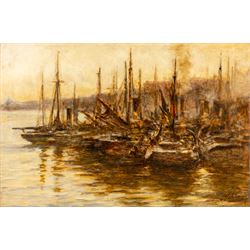 Robert Jobling (Staithes Group 1841-1923): Boats Moored on the Tyne, oil on canvas signed ...