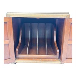 Chinese hardwood end table, rectangular form fitted with double cupboard, enclosed by panelled doors, on scroll carved supports (W51cm, H56cm, D66cm); Chinese hardwood end table, rectangular form fitted with single drawer over under tier (W51cm, H56cm, D66cm)