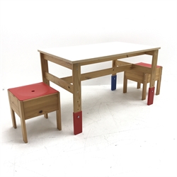 Rectangular pine framed table, white top, red feet (W101cm, H61cm, D61cm) and two stool with red seats