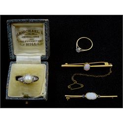 Gold diamond ring, with diamond set shoulders, stamped 18ct Plat, gold opal bar brooch stamped 15ct, gold opal and sapphire brooch, hallmarked 9ct and a pearl ring