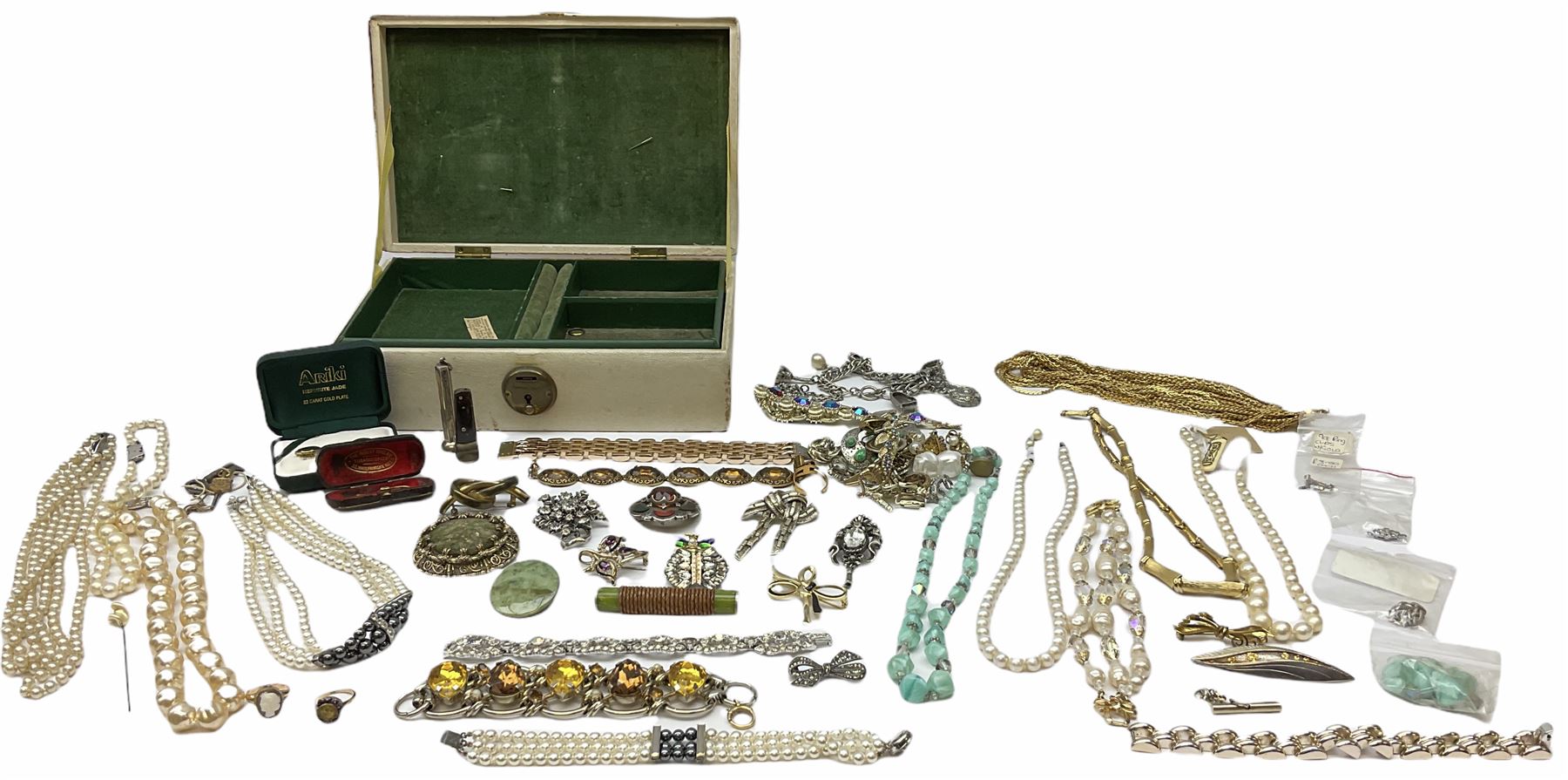 Silver cigar piercer by Dunhill, Birmingham 1958, gold garnet ring, stamped 9ct, Victorian rose gold shank hallmarked with soldered gilt cameo head and a collection of vintage and later costume jewellery