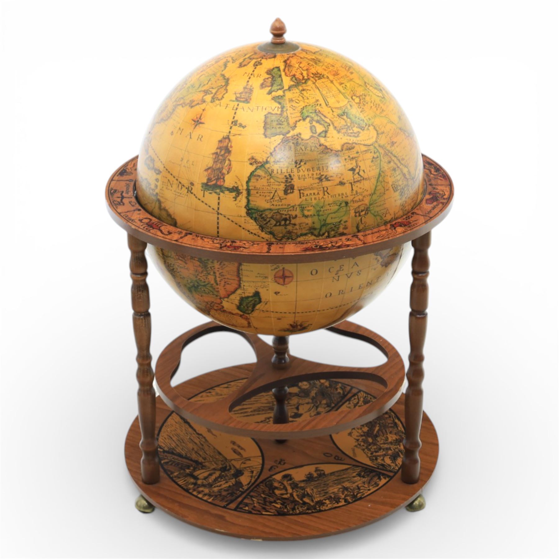 Late 20th century drinks globe, with lift off top with rotating inside with apertures for bottles, raised on brass castors