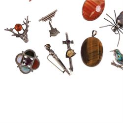 Silver stone set jewellery, including Baltic amber bracelet, agate brooch, tigers eye pendant, spider brooch, etc