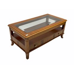 Cherry wood rectangular coffee table, rising glass top, follow through drawer