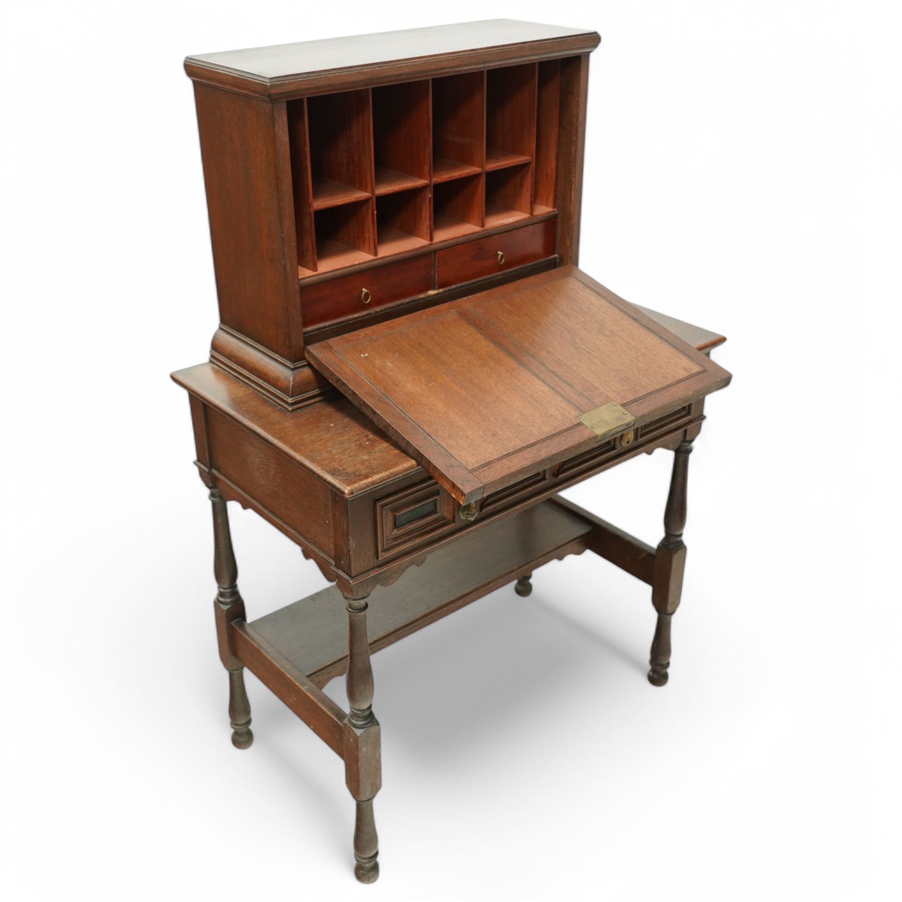 Late 19th to early 20th century Bonheur de Jour or writing bureau, the upper section enclosed by fall front decorated with geometric mouldings and oval inlaid panels depicting floral urns and swags, fitted with document divisions and two small drawers, the lower section fitted with two drawers with applied mouldings, on turned supports united by undertier, 'Hobbs & Co of London' locks