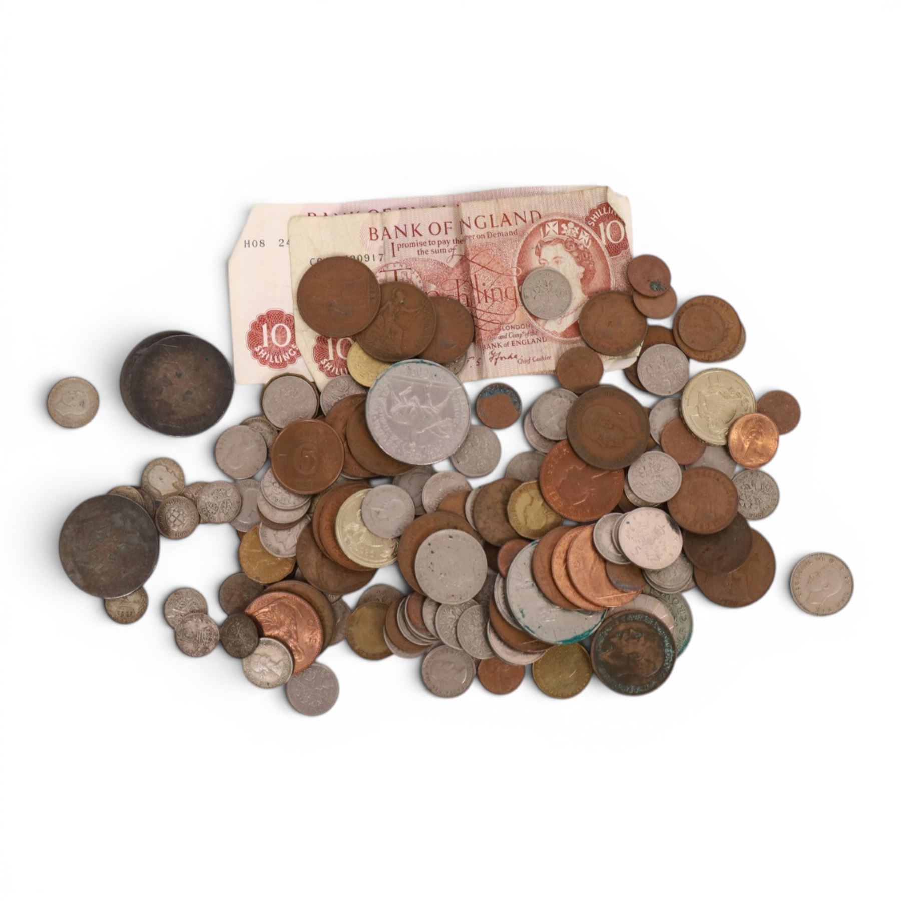 Approximately 89 grams of Great British pre-1920 and approximately 18 grams of Great British pre-1947 silver coins, together with various further Great British and world coins, and three ten shilling notes