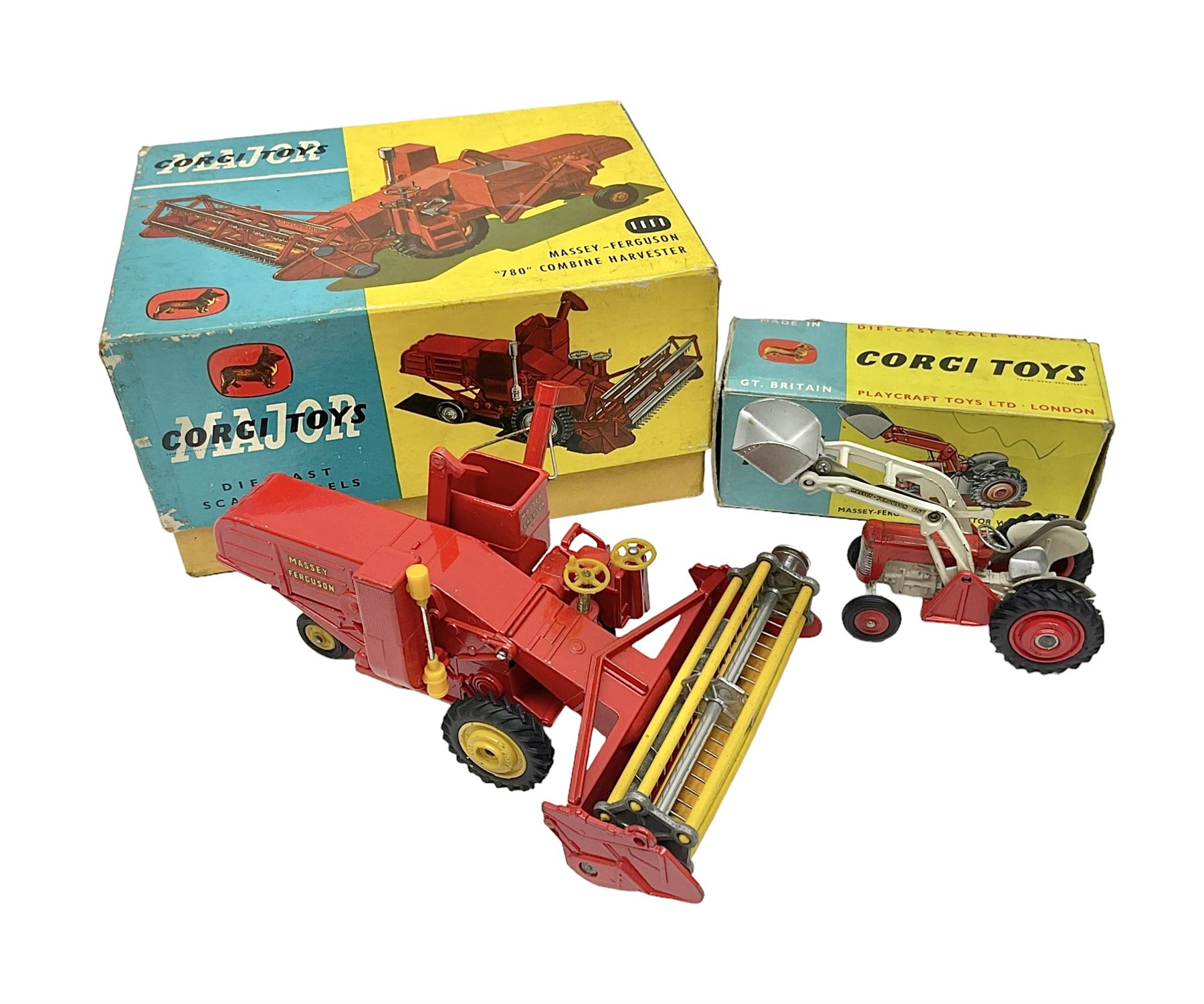 Corgi - Massey-Ferguson 780 Combine Harvester no.1111 and Corgi Massey-Ferguson 65 Tractor with Shovel no.53; both in original boxes 