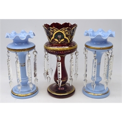  Pair Victorian opaque pale blue glass lustres, with gilt highlights, hung with prism drops, lacking three, H27cm & Victorian ruby glass lustre with gilt decoration, lacking one drop, H30cm   