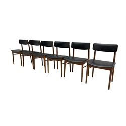 S Chrobat for Sax Mobler - set six mid-20th century Danish teak dining chairs, seat and back rail upholstered in black leatherette, raised on tapering supports