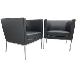 Orangebox - pair of contemporary 'Drift' tub armchairs, upholstered in blakc faux leather, on chrome supports