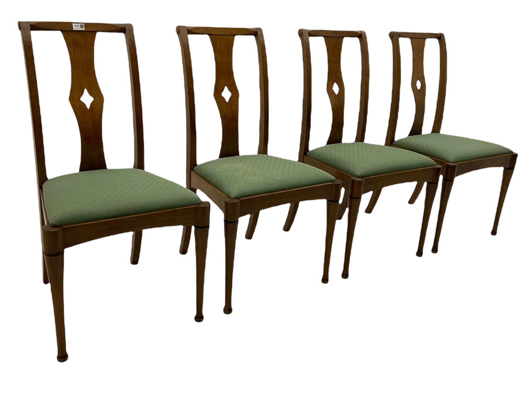 Set of eight contemporary walnut dining chairs, curved backs set with shaped splats with pierced detail, drop in upholstered seat cushions, on turned supports 