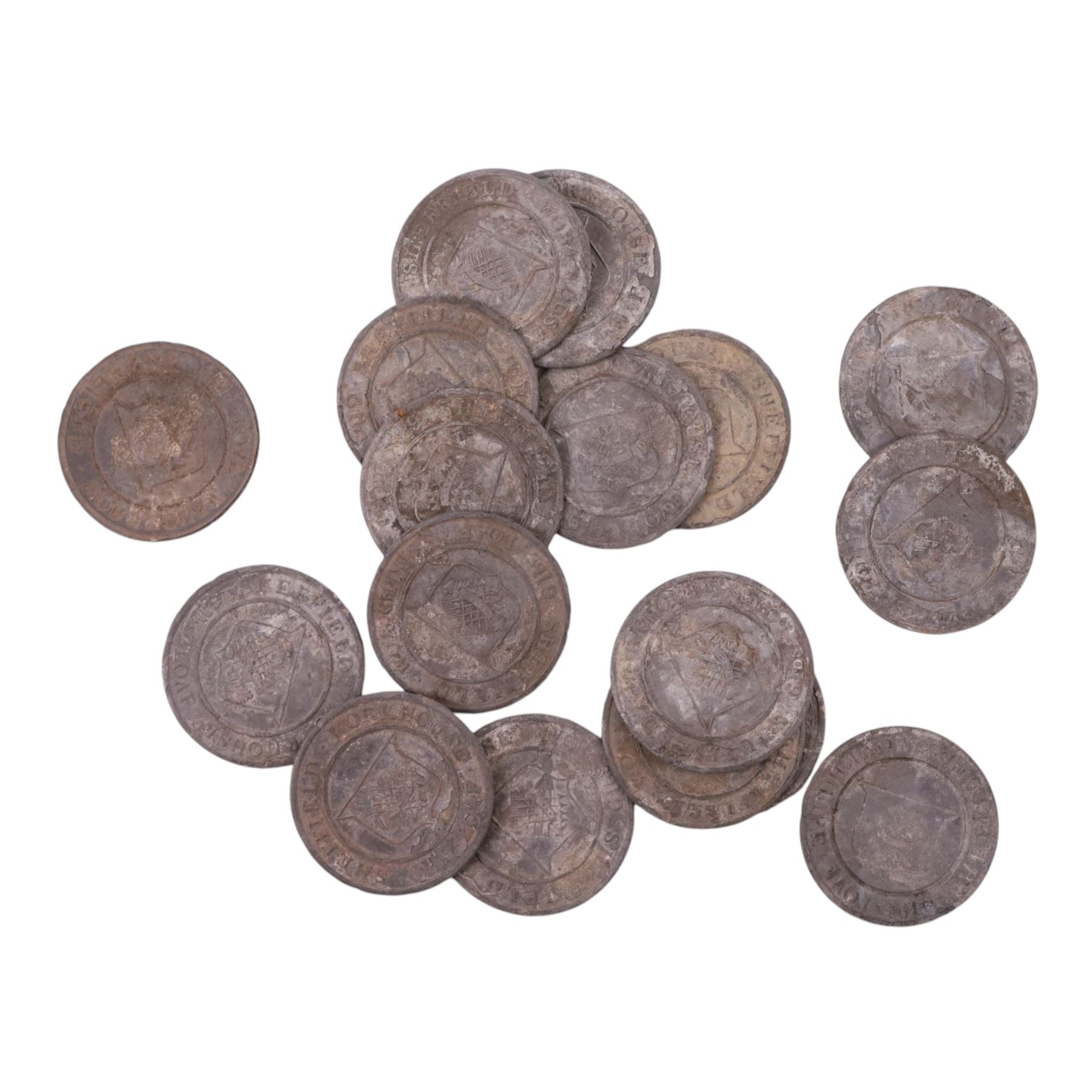 Seventeen 19th century Sheffield Workhouse bread tokens, each inscribed '6lbs loaf'