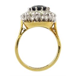 18ct gold and platinum oval sapphire and round brilliant cut diamond cluster ring, stamped, sapphire approx 2.80 carat, total diamond weight approx 1.00 carat and a 9ct gold band, hallmarked