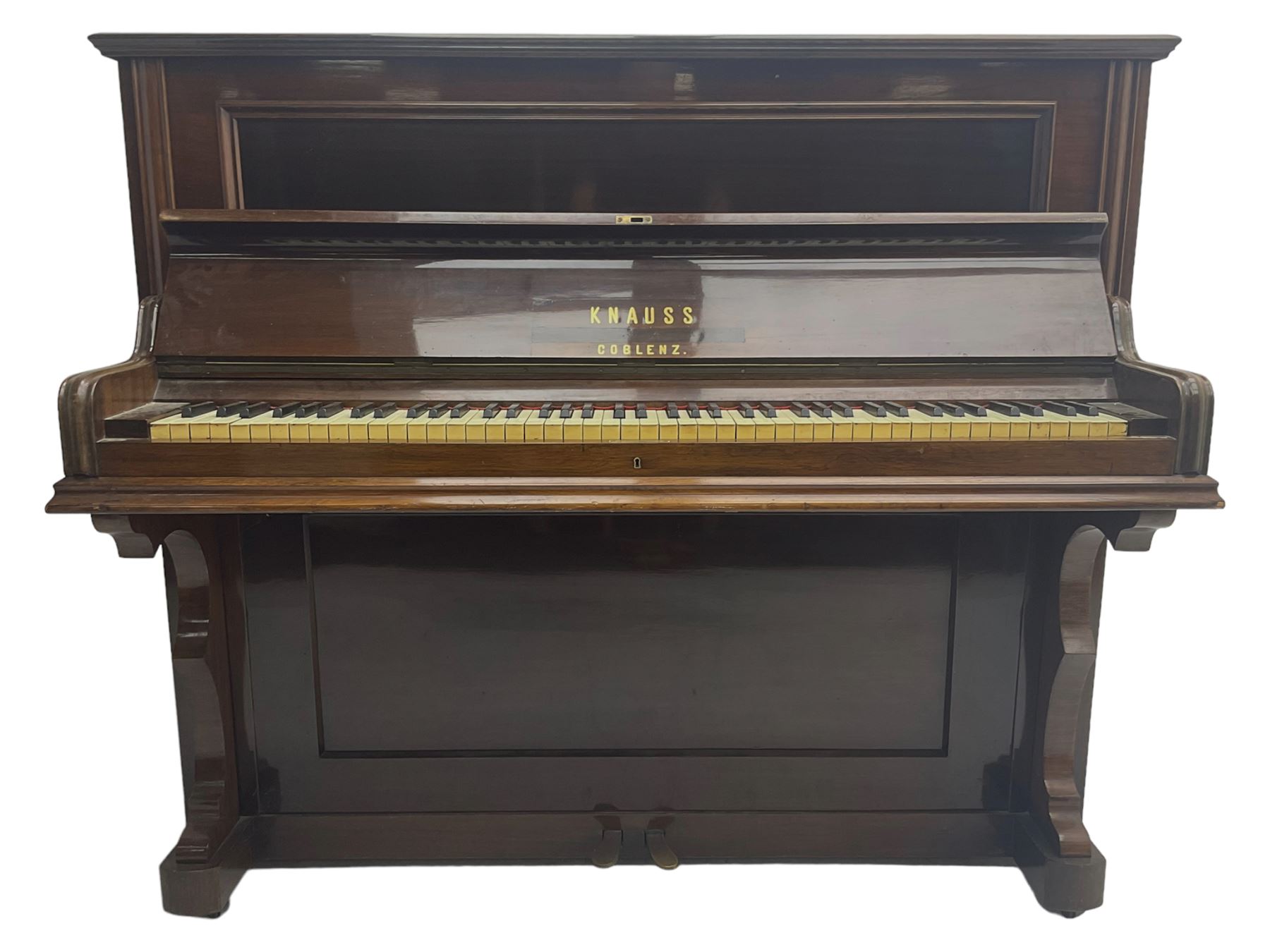 Knauss Coblenz - early 20th century rosewood cased upright piano, straight strung iron movement, simulated ivory keys
