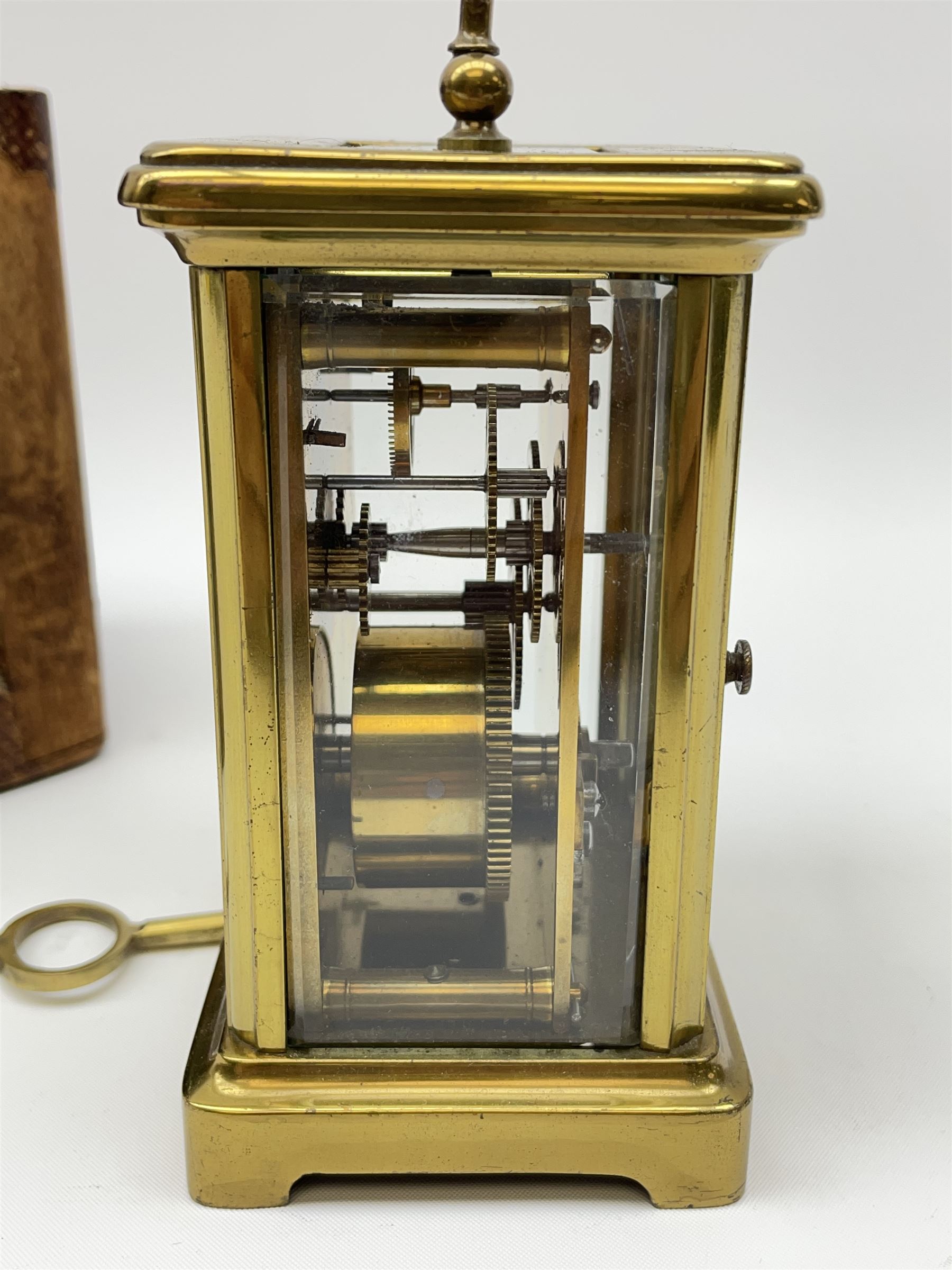 Early 20th century brass carriage clock time piece, white enamel Roman dial, single train driven movement 