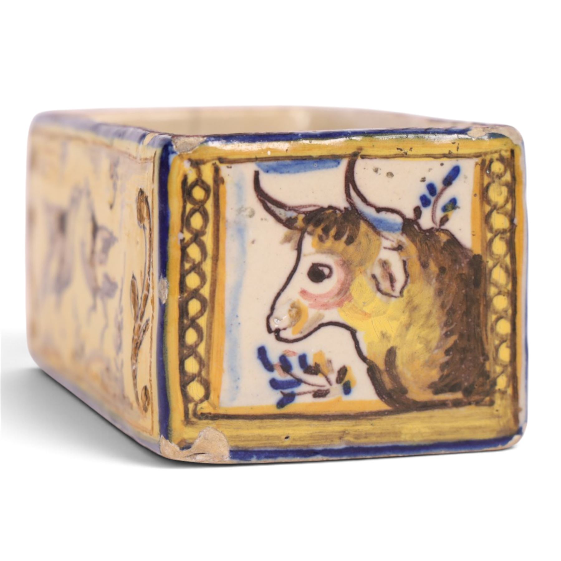 19th century Spanish faience pot of rectangular form with polychrome tin glaze decorated depicting birds and rabbits upon a yellow ground, H6cm, L12cm
