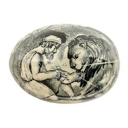 Victorian pottery egg transfer, printed with scenes 'Androcles and the lion' and a courting couple, L7cm 