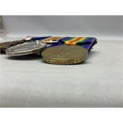 WW1 group of three medals comprising British War Medal, 1914-15 Star and Victory Medal together with bronze Memorial Plaque named to 18397 Pte. E. W. Marchant Y. & L. R.; with ribbons; displayed on modern board for wearing