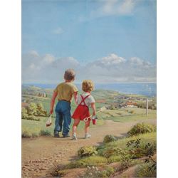 Frank Osborne (British 1885-1972): The Road to the Sea, gouache signed 38cm x 29cm 
Provenance: painted in 1964 and sold to the artist's agents A. Vivian Mansell & Co Ltd on 13th Feb 1964 for 30 guineas. 
Notes: Frank Osborne was a postcard and greeting card artist and illustrator who lived in Robin Hood's Bay. Little of his work has come on to the open market as the majority was sold with copyright. The present painting probably depicts a fictionalised landscape above Fylingthorpe, near Whitby. We are grateful for the artist's estate for their help in cataloguing this lot.