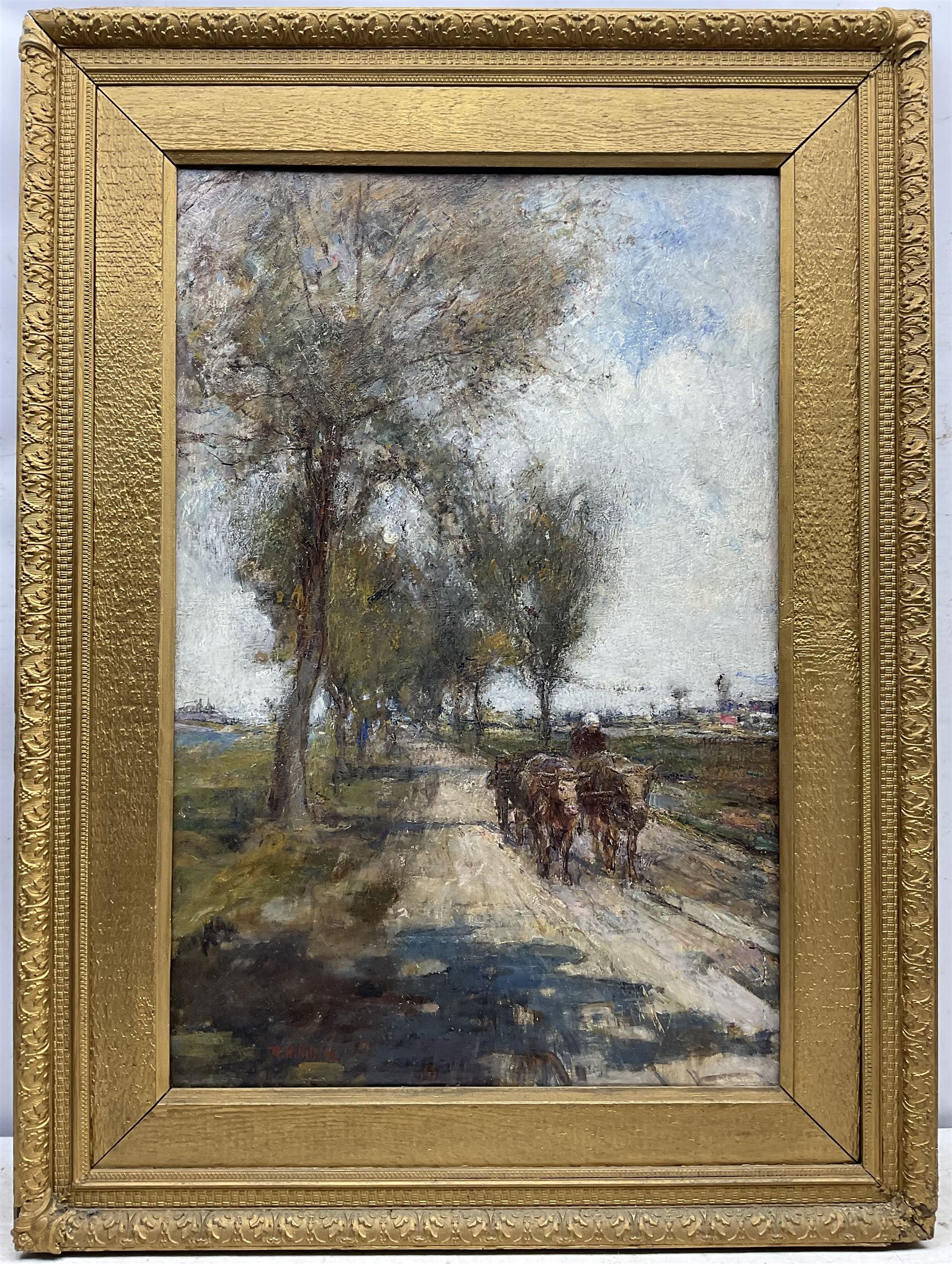 Rowland Henry Hill (Staithes Group 1873-1952): Ox Drawn Cart in Flatland Landscape, oil on canvas signed and dated '02, 76cm x 50cm
