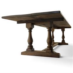 Large 17th century design oak 10ft refectory dining table, the rectangular top raised on twin double-vasiform pedestal end supports on sledge feet, united by chamfered stretcher