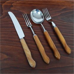 1960's fitted canteen of Sanenwood wooden handled stainless steel cutlery for six covers, including additional fish eaters with slide off tray cover 