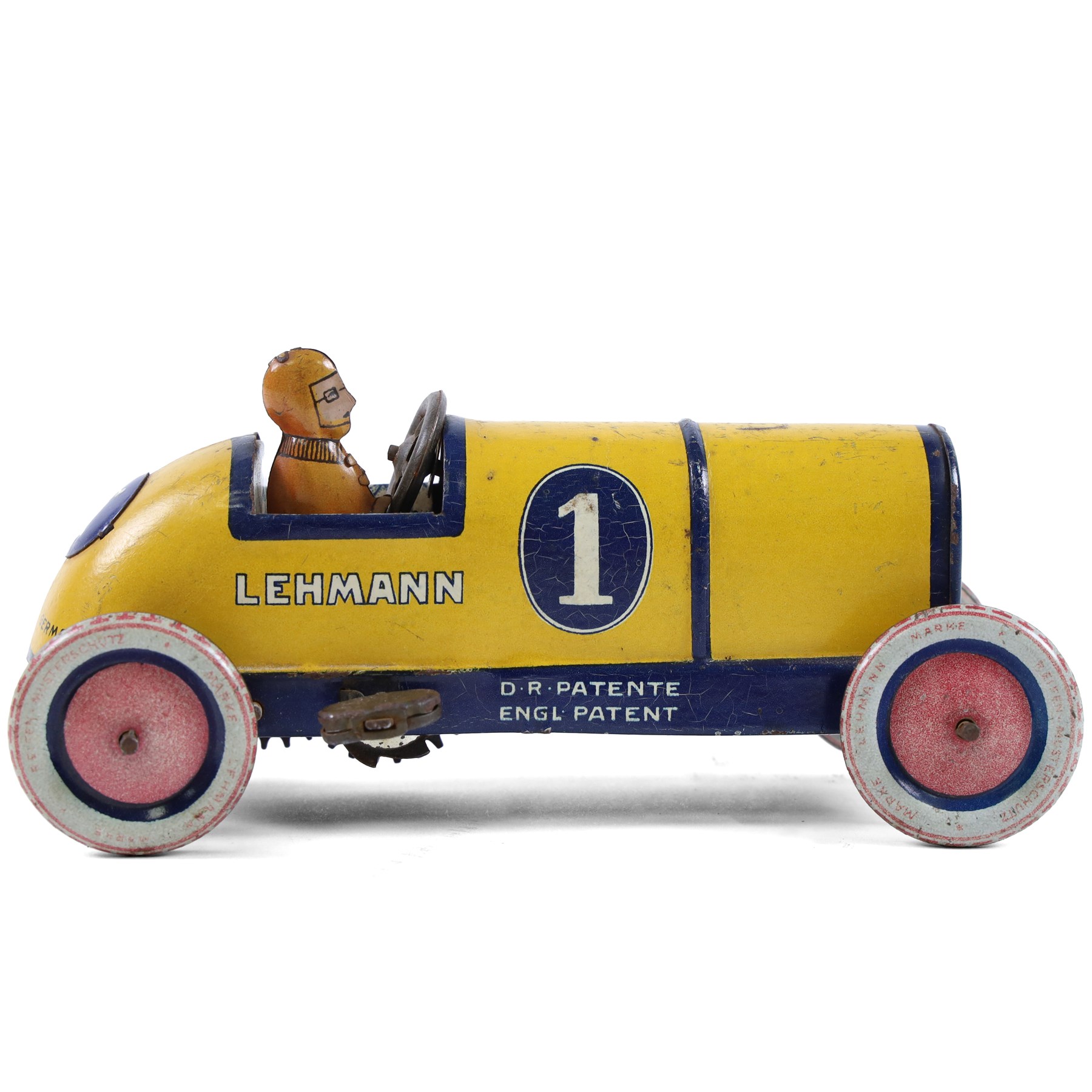 Early 20th century Lehmann tinplate clockwork 'Galop' no.760 racing car, yellow with blue stripes, driver and lithographed details, H6cm, L14cm