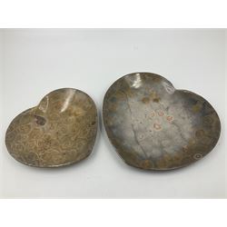 Two graduating fossilised coral dish in the form of hearts, largest D16cm