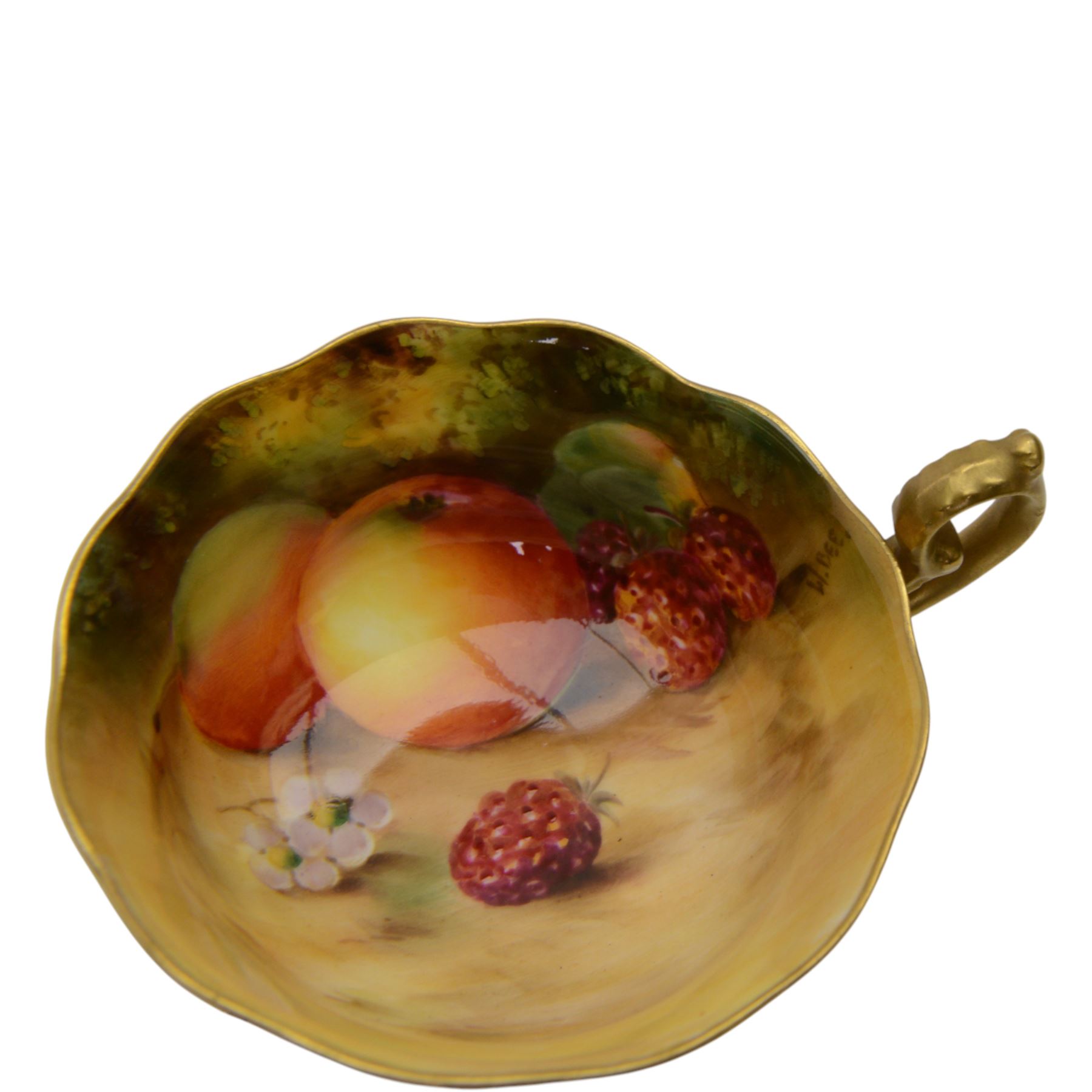 Royal Worcester fruit painted cabinet teacup and saucer, interior hand painted with apples, blackberry and cherries upon a mossy ground, the cup exterior and centre of saucer gilded, cup and saucer signed Rickells, each with puce coloured printed marks beneath, H7cm