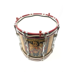  Household Division side snare Drum, by Premiere No.000065, red painted with chrome fittings, decorated with Battle Honours to Falkland Is 1982, H36cm, D37cm  