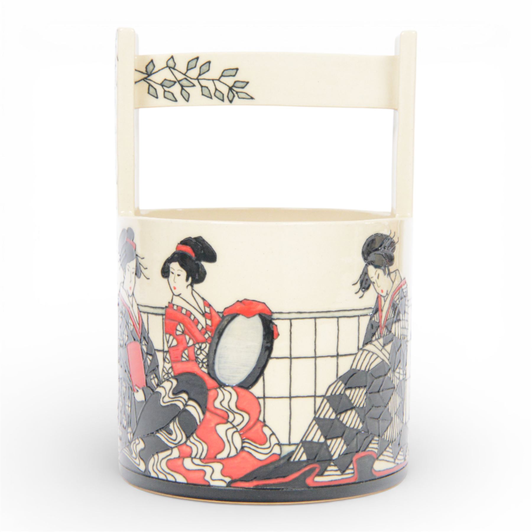 Dennis Chinaworks Geisha basket, designed by Sally Tuffin dated 2012 limited edition no. 9/10, of cylindrical form with handle, decorated with six geisha dressed in red, white and black kimonos, impressed and painted marks beneath, H23cm