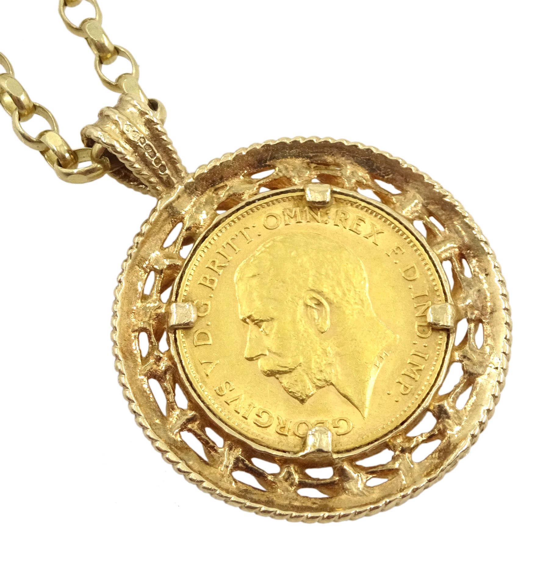 King George V 1912 gold half sovereign, loose mounted in gold pendant on chain, both hallmarked 9ct