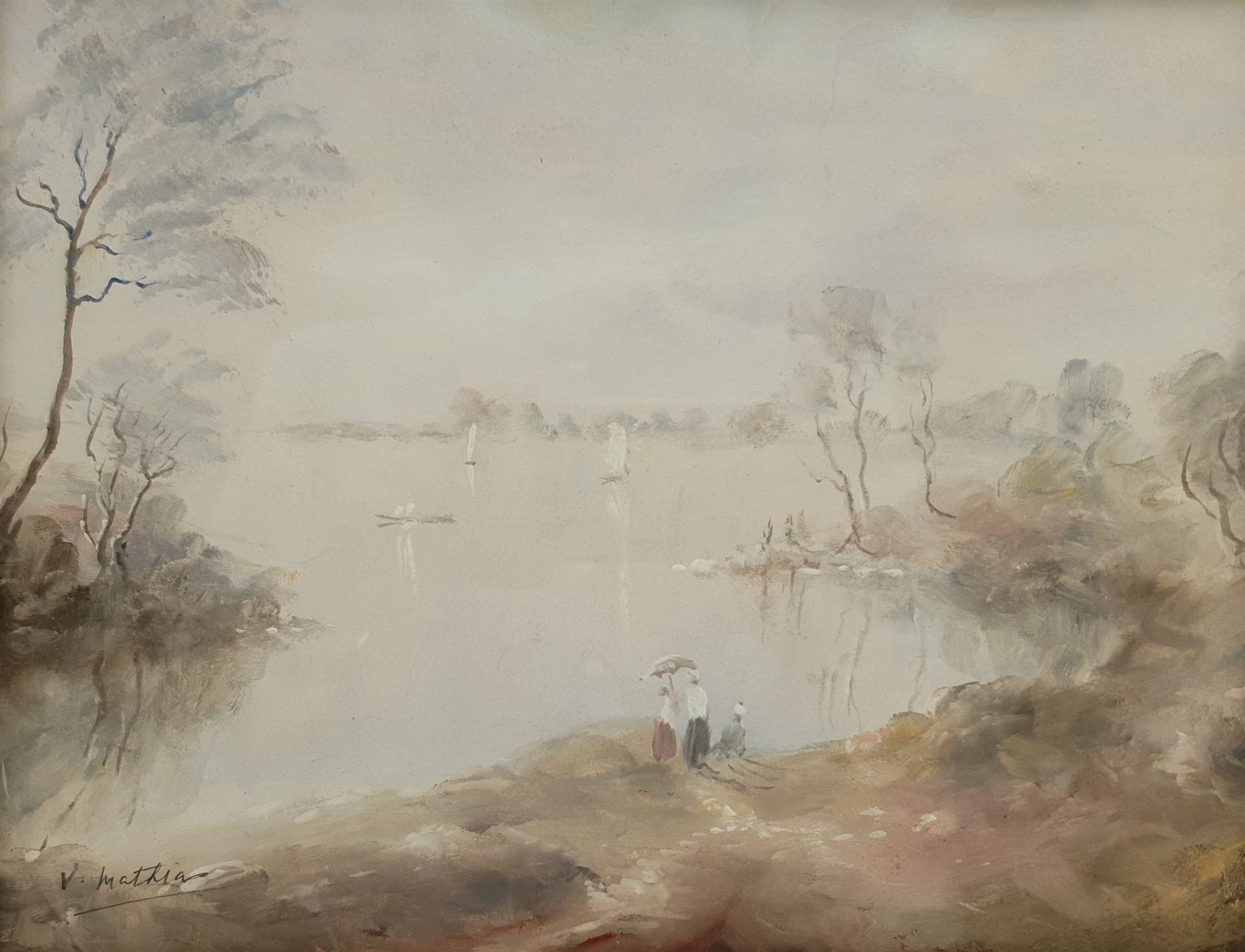 Victor Mathias (20th century): Figures by the Lakeside, gouache signed 23cm x 29cm