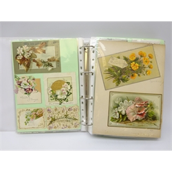  Modern ring binder album containing over three hundred and eighty predominantly Victorian Christmas greeting cards, single sheet and folded, including embossed, floral, chromolithograph, celluloid, pierced and paper lace, novelty shapes of bell, leaf, bellows, trowel, artist's palette, heart etc  