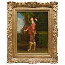 Follower of Anthony van Dyck (Flemish 1599–1641): Full Length Portrait of Charles I, 18th century oil on oak panel unsigned 49cm x 36cm
Notes: the composition differs to the original 'Charles I on the Hunt' - the background and hunting party are omitted, and the colour of his dress has been changed.