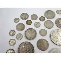  Collection of Queen Anne and later pre 1920 coins including Anne crown (very worn, date illegible), George II 1758 shilling, George III halfcrowns 1816 and 1818, George IV 1826 shilling, Queen Victoria Gothic florins, shillings 1866 and 1873, double florins 1887, 1888 and 1889 etc  