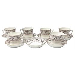 Royal Crown Derby Brittany pattern tea wares, comprising six teacups, seven saucers, six side plates, twin handled sucrier, and cream/milk jug. 