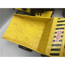 Tonka - five large scale pressed steel vehicles comprising Cement Mixer, Mobile Crane, Bulldozer and two Dumper Trucks (5)