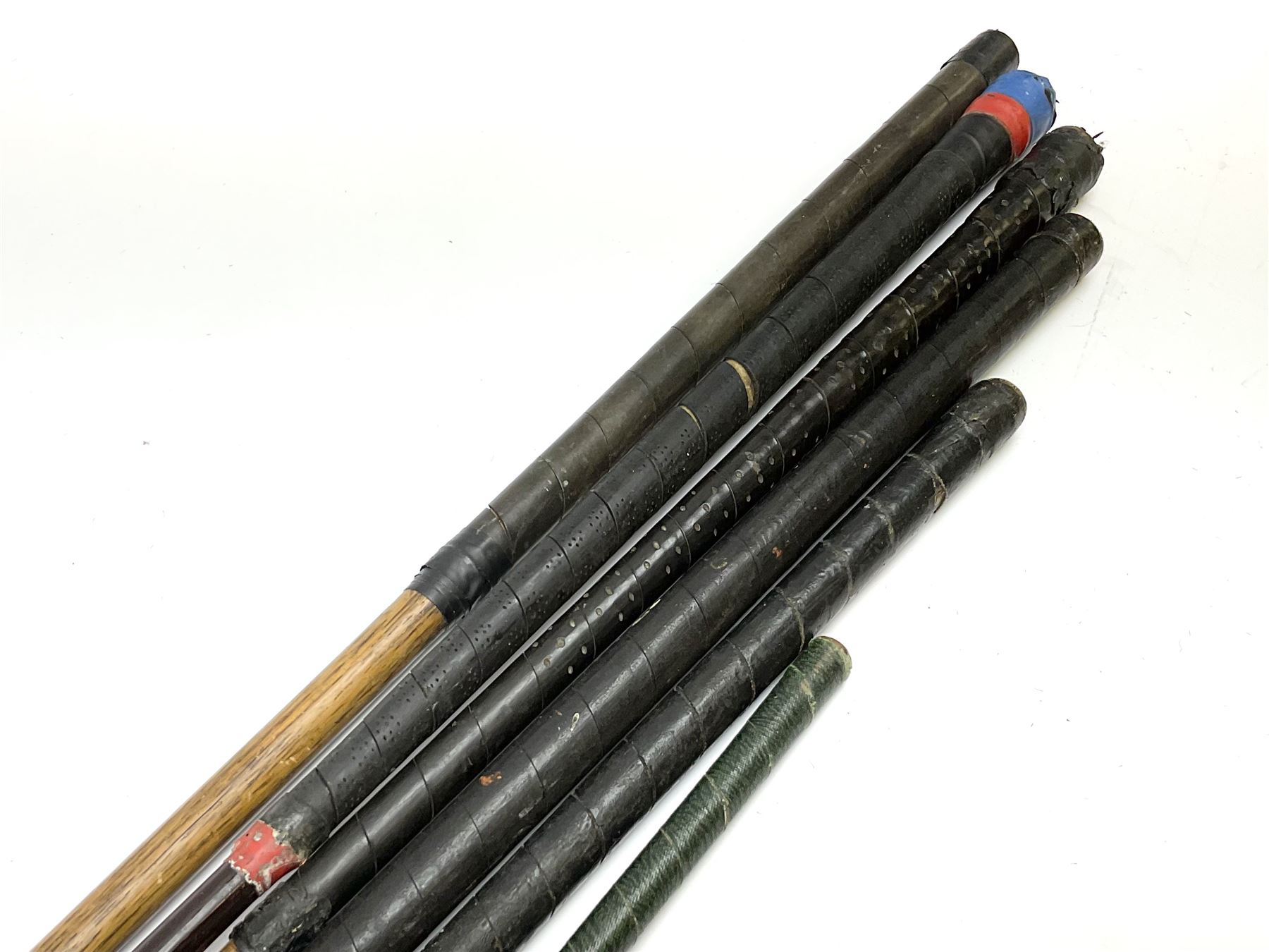 Golf - three early 20th century hickory shafted irons marked R. Simpson, Harrods Ltd etc; child's wooden shafted putter; two transitional wood grain steel shafted irons, one marked Tom Morris; and set of four Macgregor Tommy Armour woods (10)